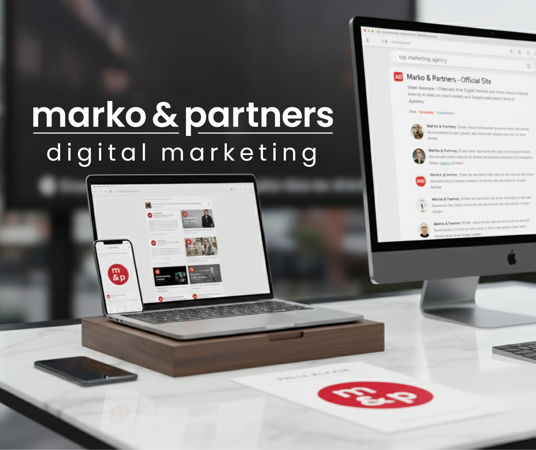 Marko & Partners logo on an office window